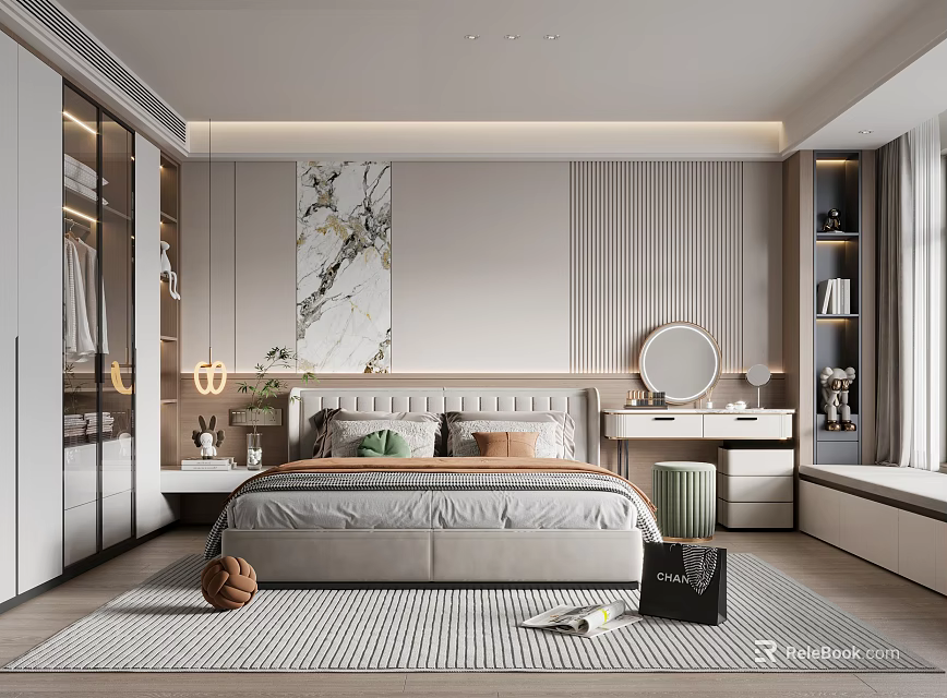Modern Bedroom Interior Design With Comfortable Bed Marble Painting Dressing Table And Area Rug 3d model 