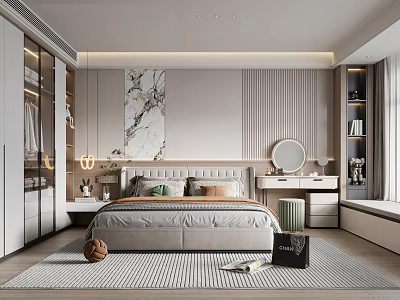 Modern Bedroom Interior Design With Comfortable Bed Marble Painting Dressing Table And Area Rug 3d model