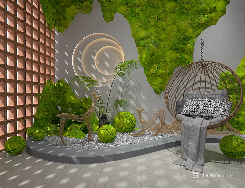 Serene Home Balcony Featuring Green Moss Wall Hanging Chair Wooden Lattice And Decorative Deer Statue 3d model 