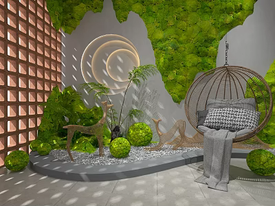 Serene Home Balcony Featuring Green Moss Wall Hanging Chair Wooden Lattice And Decorative Deer Statue 3d model
