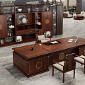 Elegant Chinese Mahogany Office Desk with Wooden Bookcase Chandelier and Landscape Painting