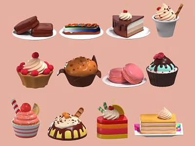 Assorted Sweet Desserts Including Cakes Cupcakes Macarons Chocolate And Ice Cream 3d model