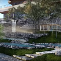 Modern Hotel Building with Hot Spring Pools Lush Greenery and Water Features in Natural Surroundings