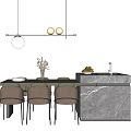 Modern Dining Table Set With Upholstered Chairs Hanging Lights And Marble Countertop 3d model