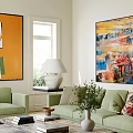 Bright Modern Living And Dining Room Interior With Green Sofa Coffee Table Artwork And Plant