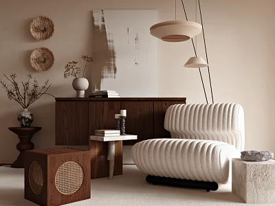 Cream Ribbed Accent Chair in Living Room with Walnut Cabinet Artwork and Pendant Lights 3d model