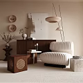 Cream Ribbed Accent Chair in Living Room with Walnut Cabinet Artwork and Pendant Lights