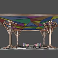Colorful Geometric Roof Pergola with Tree like Wooden Pillars and Colorful Chairs