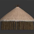 Traditional Thatched Hut With Conical Straw Roof And Wooden Pole Supports