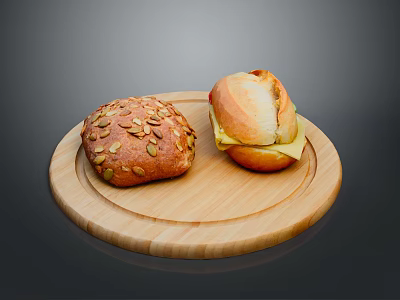 Fresh Homemade Breads on Wooden Round Tray One with Pumpkin Seeds and Sliced with Cheese 3d model