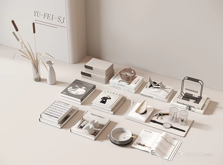 Stacked and Open Books Magazines with Stylish Covers on Minimalist Tabletop Decor 3d model 