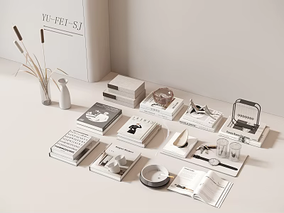 Stacked and Open Books Magazines with Stylish Covers on Minimalist Tabletop Decor 3d model
