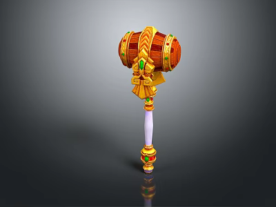Ornate Hammer Weapon With Golden Details Orange Red Head Green Gemstones White Handle Colorful Ornaments 3d model