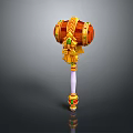 Ornate Hammer Weapon With Golden Details Orange Red Head Green Gemstones White Handle Colorful Ornaments