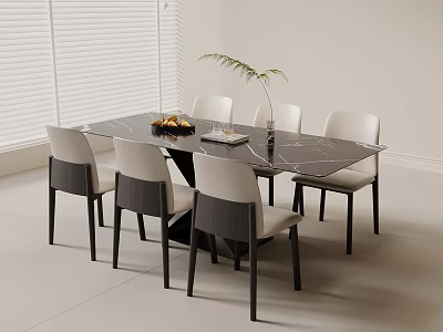 Elegant Modern Dining Table Set With Marble Top Six Chairs Fruit Platter And Green Plant 3d model