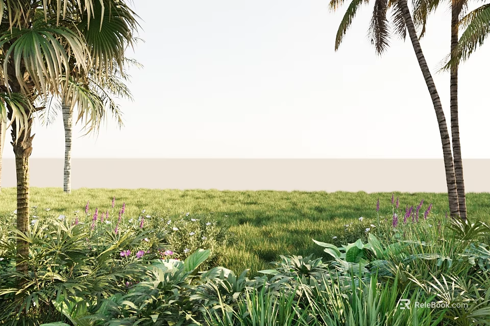 Lush Tropical Plant Combination with Palm Trees Green Grass and Purple Flowers 3d model 