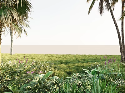Lush Tropical Plant Combination with Palm Trees Green Grass and Purple Flowers 3d model