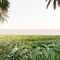 Lush Tropical Plant Combination with Palm Trees Green Grass and Purple Flowers