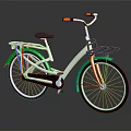 Casual Urban Bicycle with White Frame Green Orange Accents Front Black Basket and Rear Rack