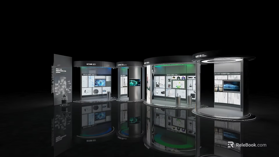 Modern Technology Exhibition Hall Interior With Interactive Displays Digital Screens And Metal Structures 3d model 
