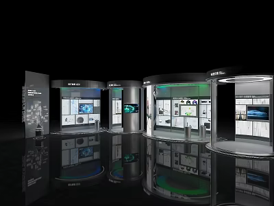 Modern Technology Exhibition Hall Interior With Interactive Displays Digital Screens And Metal Structures 3d model