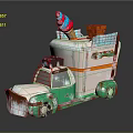 Green And Beige Ice Cream Truck With Colorful Ice Cream Cone Top And Decorative Stripes