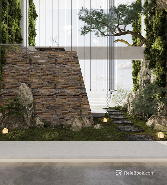 Serene Outdoor Leisure Area With Stone Wall Steps Greenery And Hanging Lights 3d model 