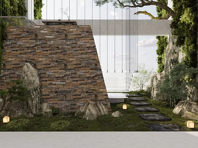 Serene Outdoor Leisure Area With Stone Wall Steps Greenery And Hanging Lights 3d model