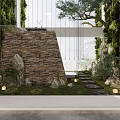 Serene Outdoor Leisure Area With Stone Wall Steps Greenery And Hanging Lights
