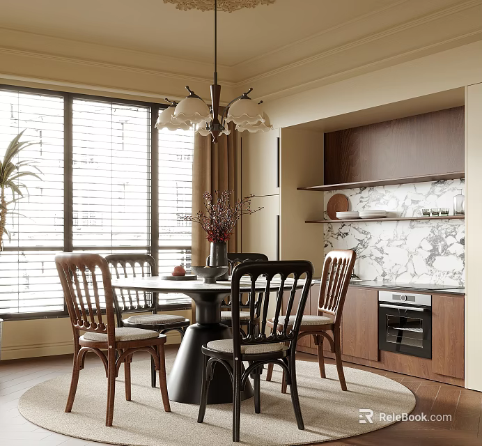 Elegant Modern Restaurant Interior With Round Dining Table Chairs Chandelier Blinds And Marble Wall Decor 3d model 