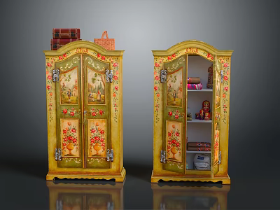 Floral Painted Yellow Decorative Cabinets With Glass Doors Open Door And Top Decor Items 3d model