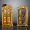 Floral Painted Yellow Decorative Cabinets With Glass Doors Open Door And Top Decor Items