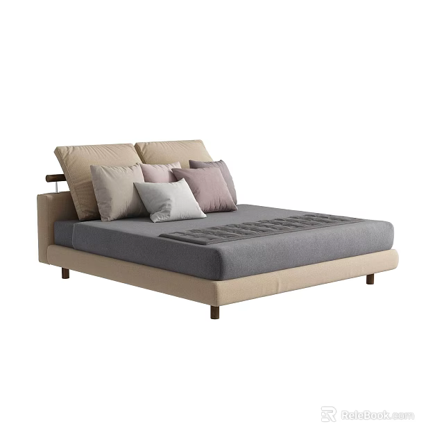 Modern Double Bed with Beige Frame Gray Mattress and Decorative Pillows 3d model