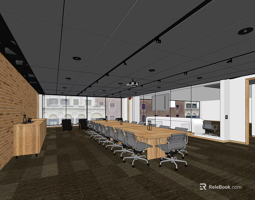 Modern Conference Room Interior Featuring Long Table Gray Chairs Brick Wall And Large Windows 3d model 