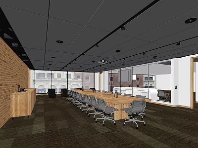 Modern Conference Room Interior Featuring Long Table Gray Chairs Brick Wall And Large Windows 3d model
