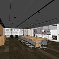 Modern Conference Room Interior Featuring Long Table Gray Chairs Brick Wall And Large Windows