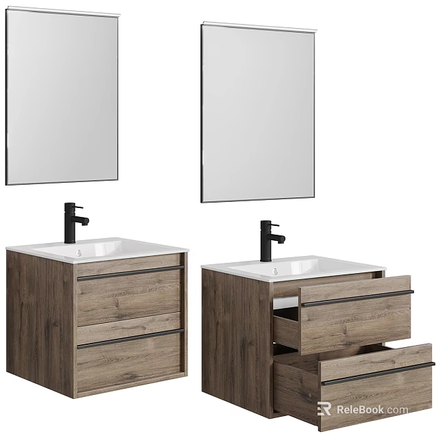 Modern Double Bathroom Vanity With Wooden Cabinet Drawers And Wall Mirrors 3d model 