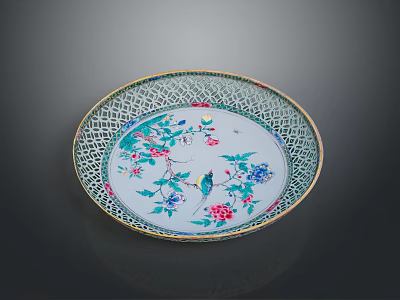 Intricate Porcelain Plate Sculpture With Floral Bird Patterns And Lace Edge 3d model