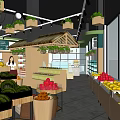 Supermarket Department Store With Outdoor Seating Umbrella Tables And Indoor Shelves Displaying Products