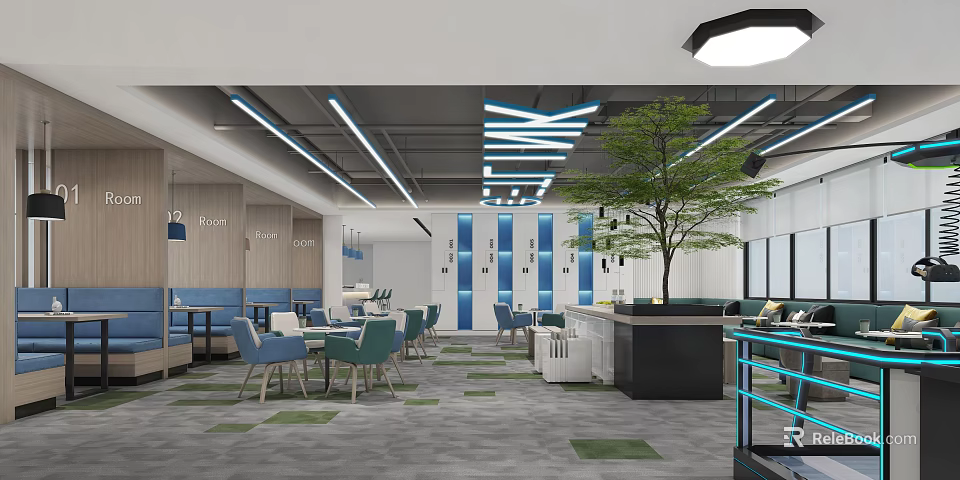 Modern Lounge Area Interior Design With Tables Chairs Blue Partitions And Green Plant 3d model 