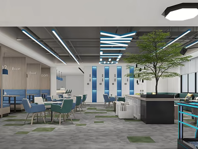 Modern Lounge Area Interior Design With Tables Chairs Blue Partitions And Green Plant 3d model