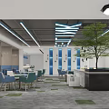 Modern Lounge Area Interior Design With Tables Chairs Blue Partitions And Green Plant