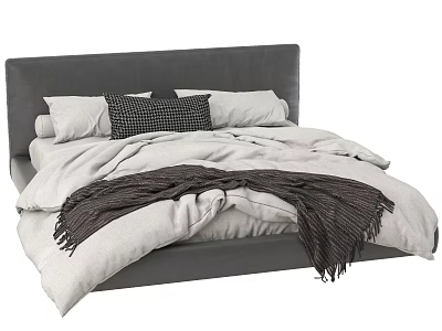 Modern Double Bed with Grey Headboard White Duvet Pillows Checkered Cushion and Dark Brown Throw 3d model