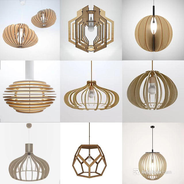 Modern Wooden Pendant Lights with Geometric Designs for Stylish Home Interior Decor 3d model 