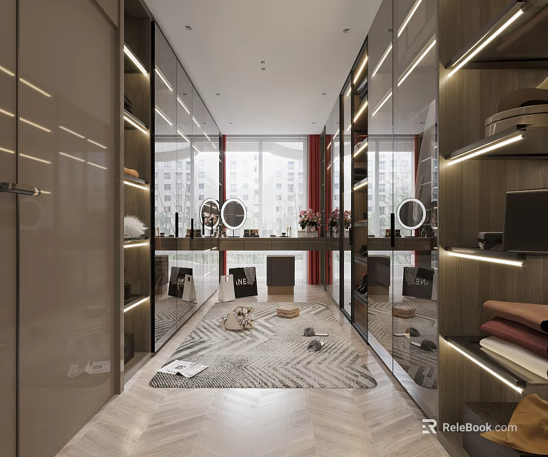 Modern Luxury Walk-in Closet with Glass Doors Mirrored Walls Built-in Lighting and Area Rug 3d model 