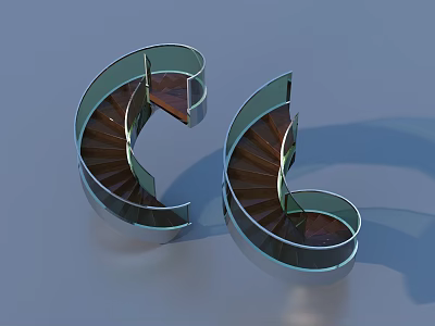 Modern Double Spiral Staircase Design With Metal Railing And Wooden Steps 3d model