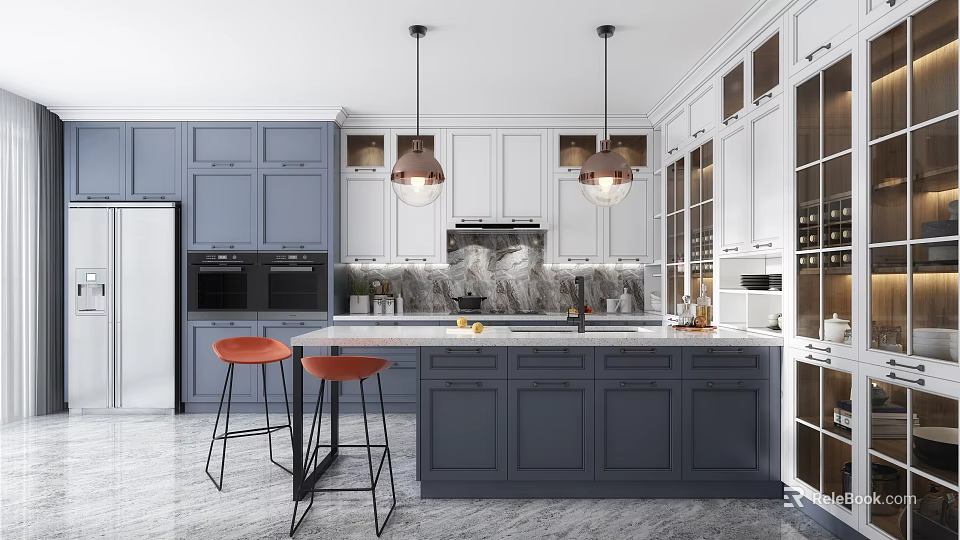 Modern Kitchen Interior With Gray White Cabinets Island Pendant Lights And Stools 3d model 