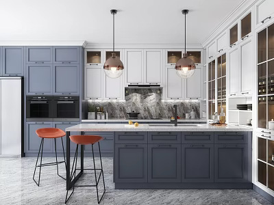 Modern Kitchen Interior With Gray White Cabinets Island Pendant Lights And Stools 3d model