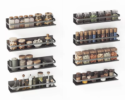 Spice Jars Organized In Kitchen Storage Racks With Various Spices And Glass Containers 3d model