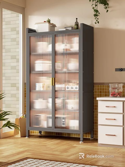 Modern Gray Storage Cabinet With Glass Doors And Organized Kitchen Containers 3d model